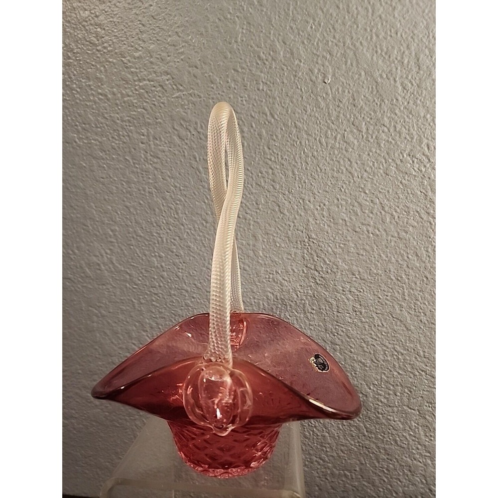 Vtg Chalet Chantili Art Glass Face Prunts‎ Cranberry Basket Twisted Handle
